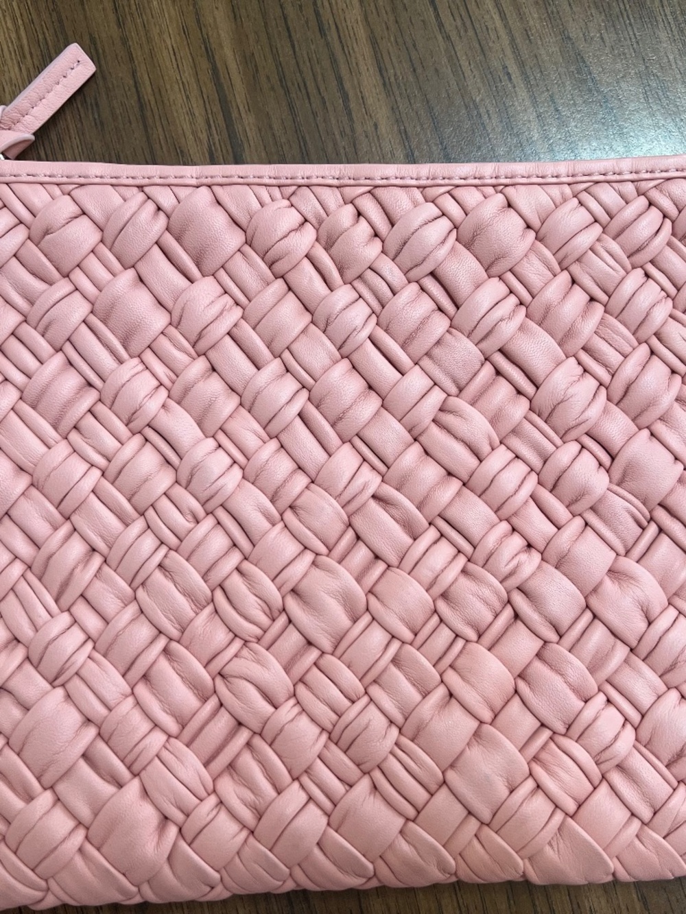 Clare V. Flat Clutch with Tabs in blush puffy woven leather